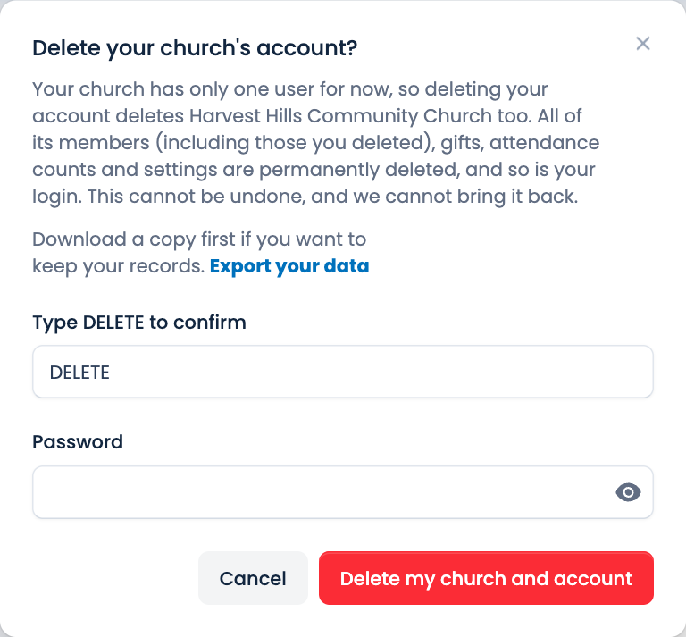 Confirming that you want to delete your church and account