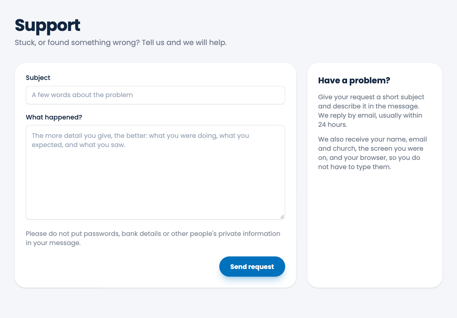 The Support page