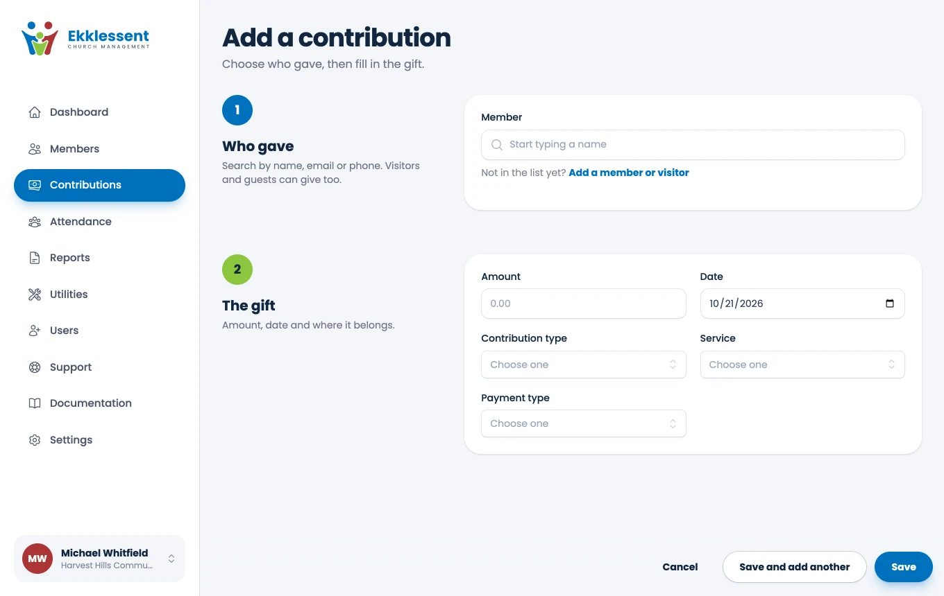 The Add a contribution form, where a gift is recorded in a few seconds.