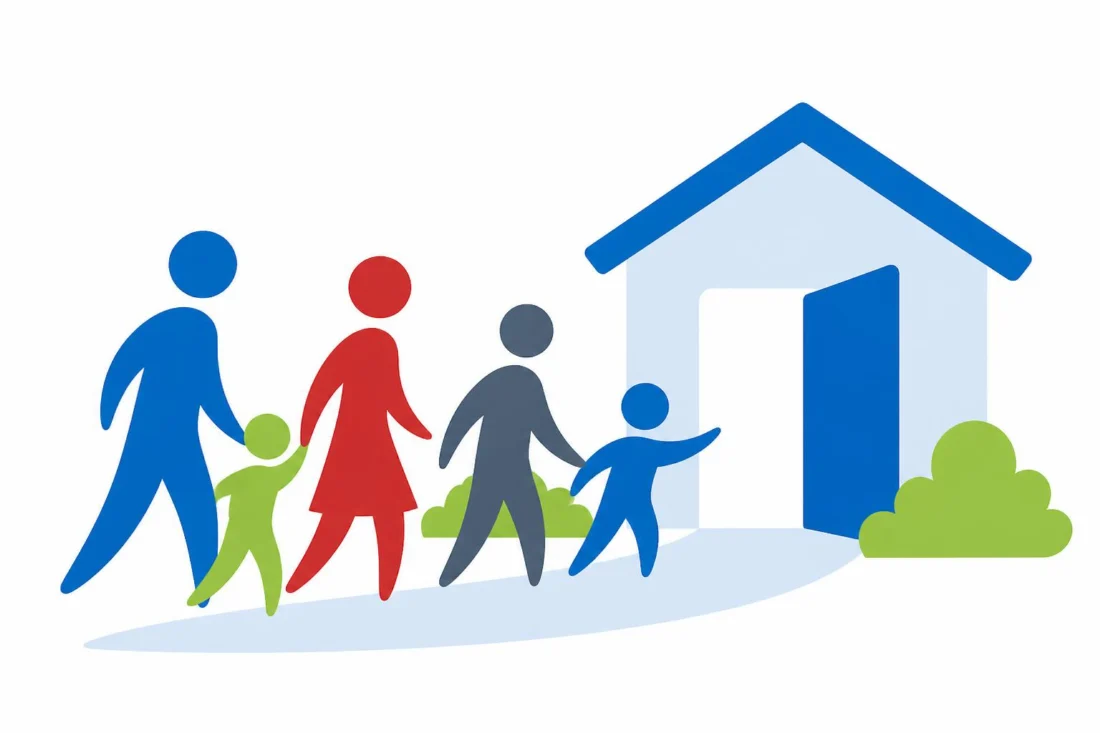 A family walking toward a welcoming building with an open door.