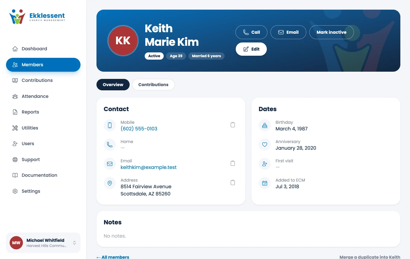 A member's page with their contact details, dates and a Contributions tab.