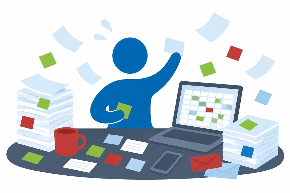 Someone at a desk buried in papers, sticky notes and a crowded spreadsheet.