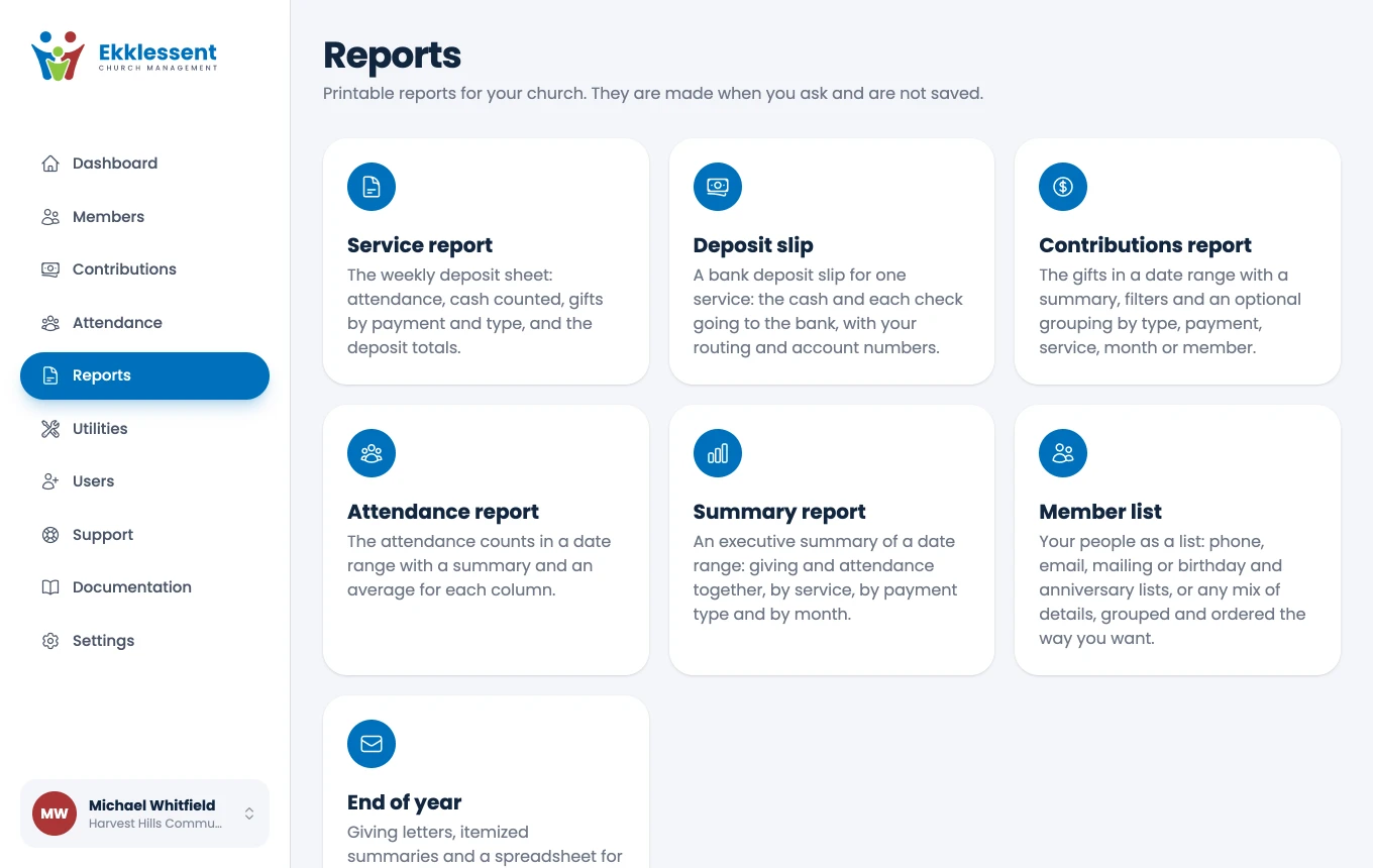 The Reports page: service report, deposit slip, contributions, attendance, summary, member list and end of year.