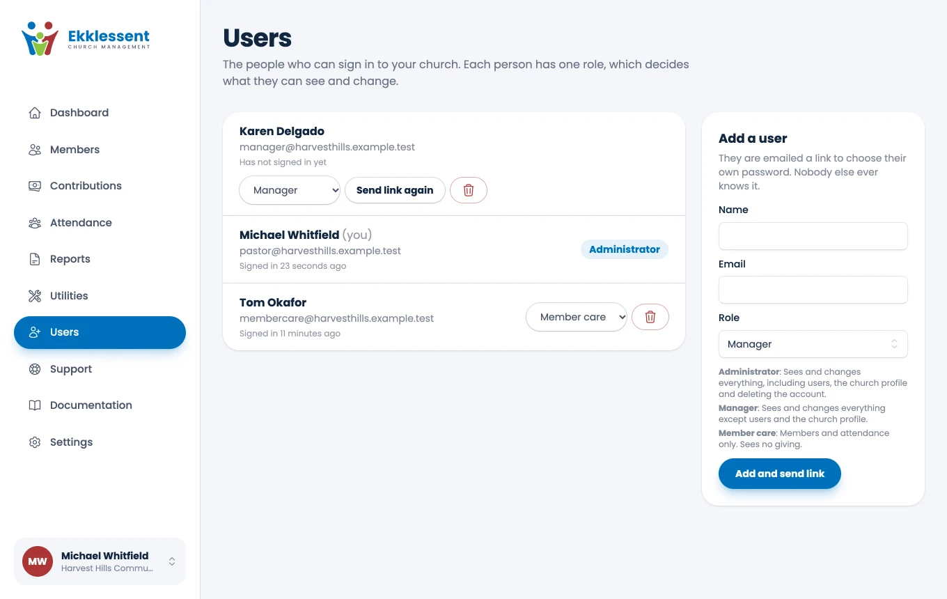 The Users page: the people who can sign in, each with a role, and a form to invite another.
